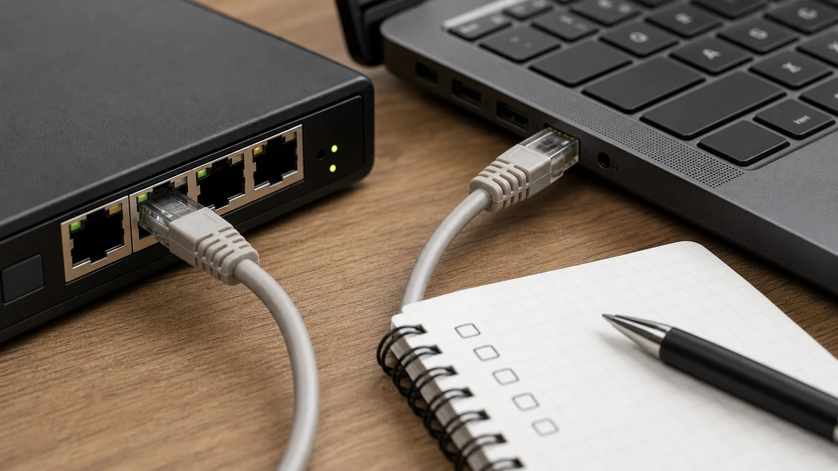 Câble Ethernet branché entre un routeur et un ordinateur portable pour vérifier un port réseau