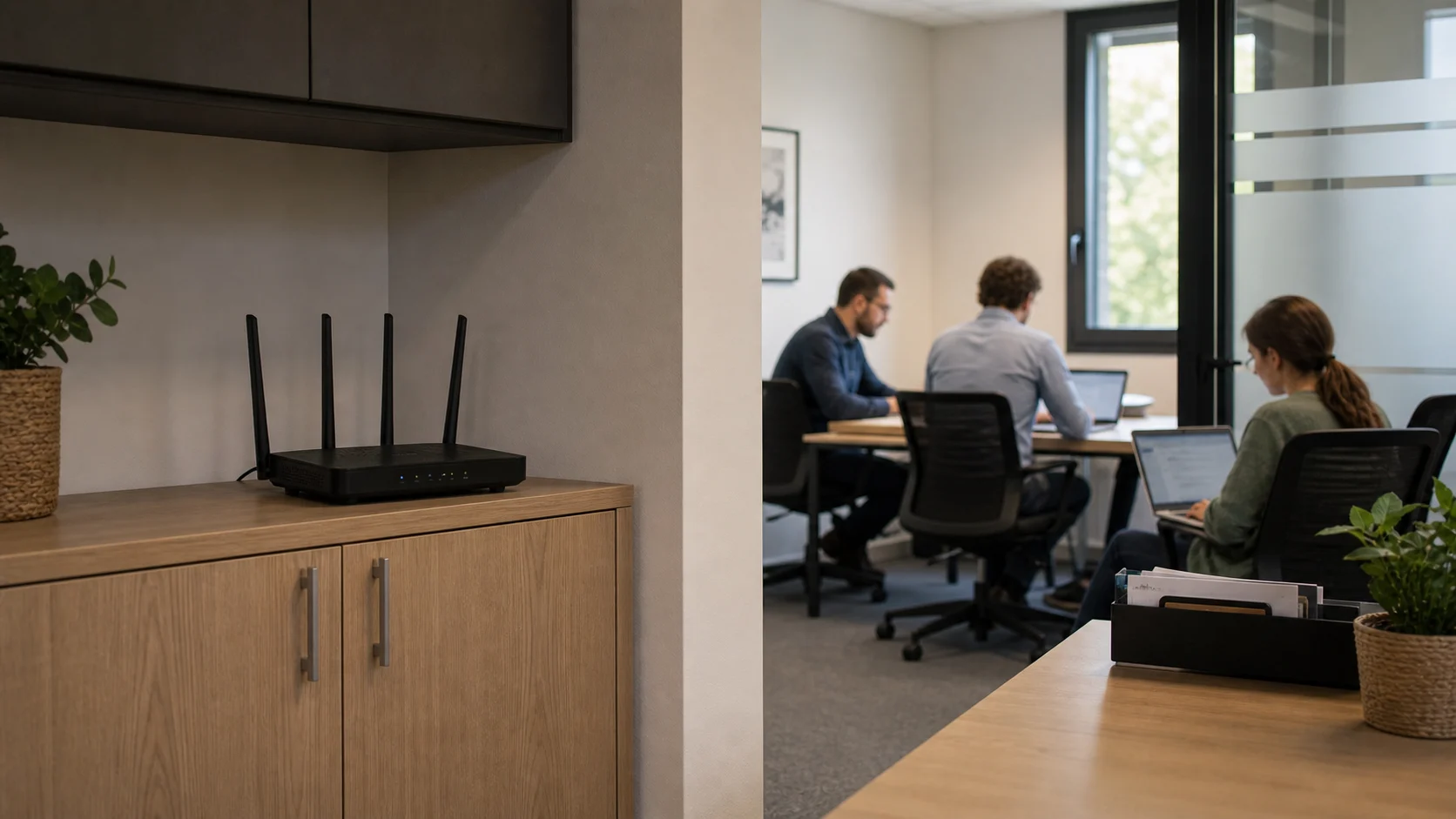 Routeur Wi-Fi mal placé derrière un meuble dans un petit bureau d'entreprise