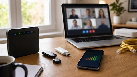 Routeur mobile, clé 5G et ordinateur portable pour choisir une connexion de télétravail