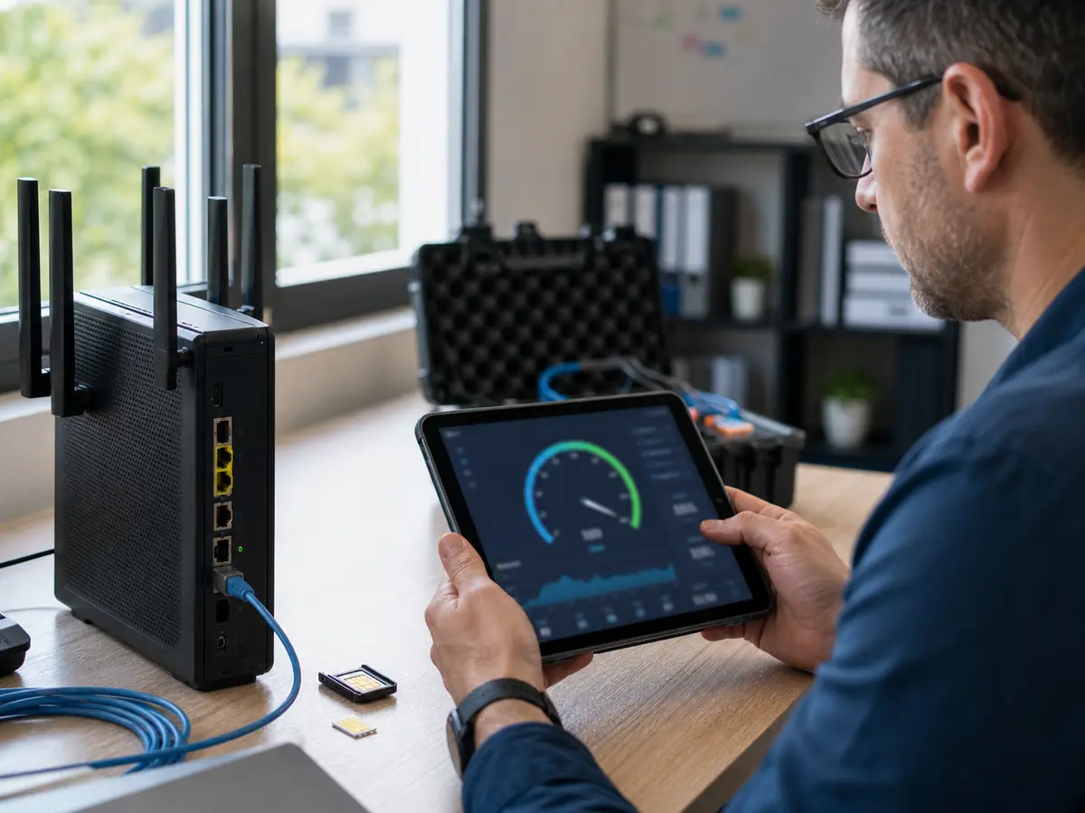 Technicien testant la performance d’un routeur 5G entreprise