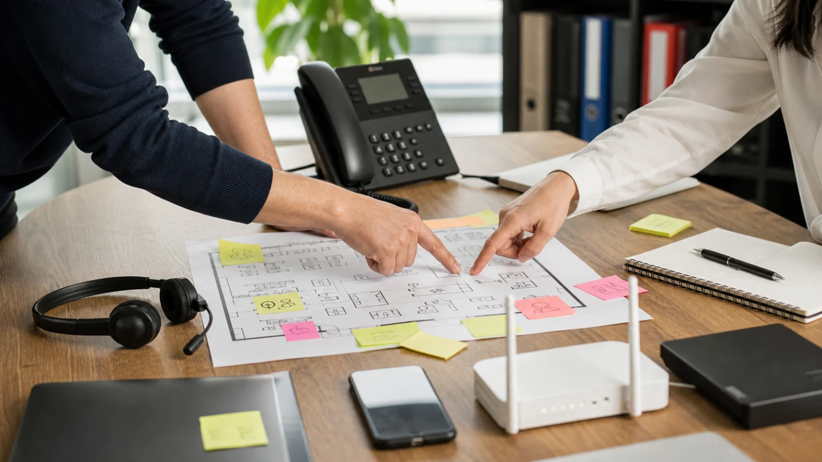 audit telephonie entreprise avec plan de bureaux casque telephone ip et routeur