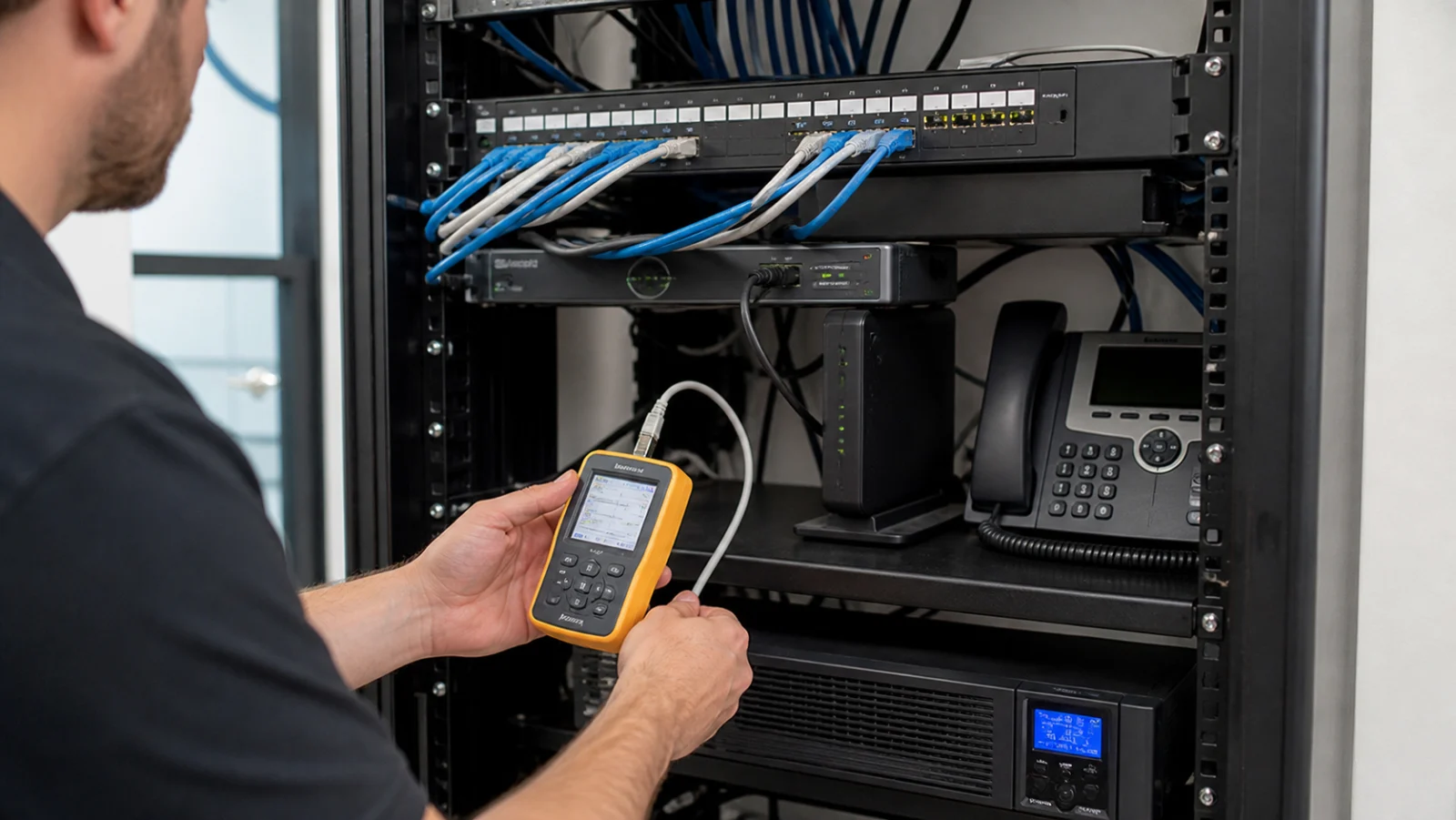 baie reseau pme avec telephone ip onduleur et test de cablage pour voip