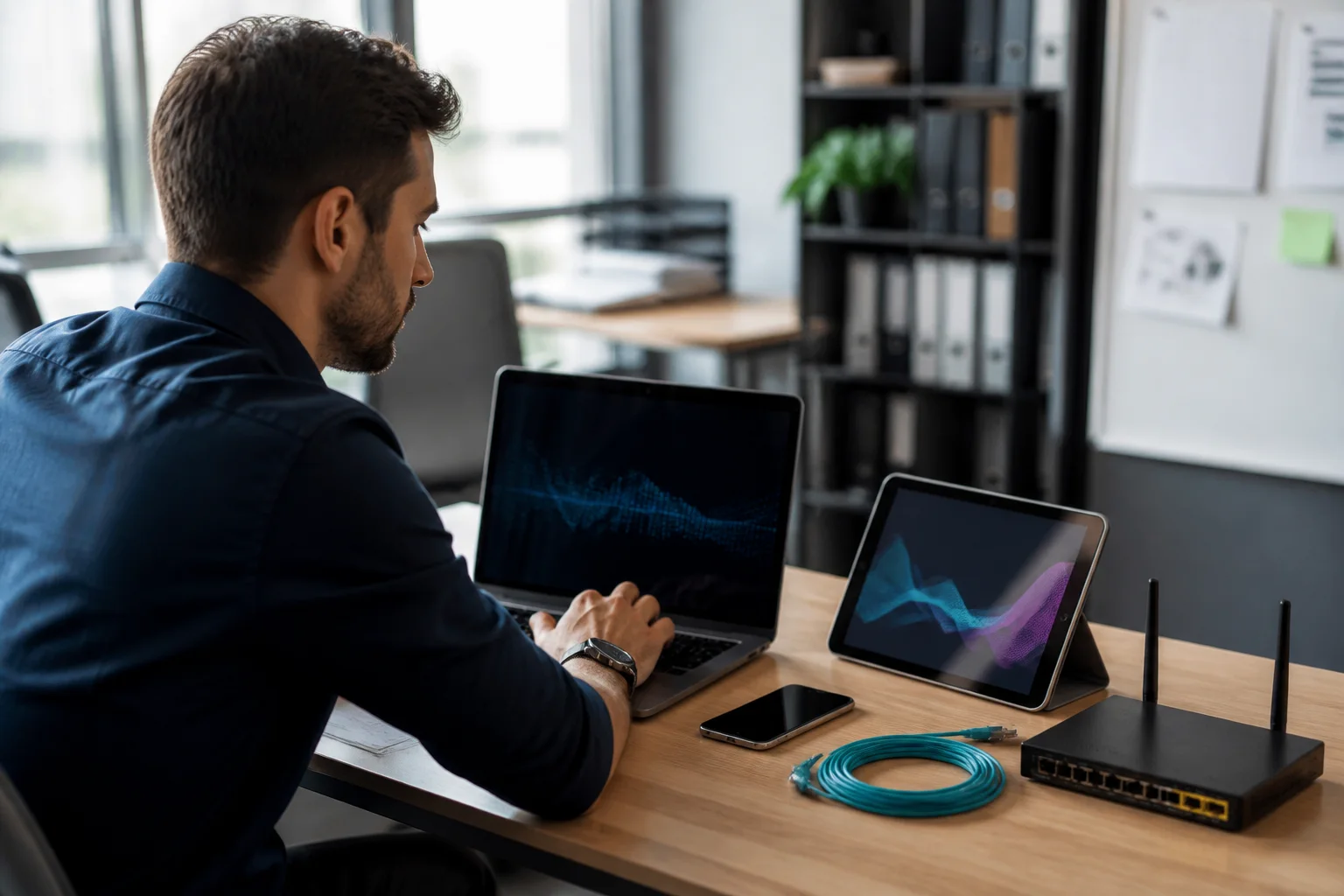 équipe informatique mesurant débit latence et continuité de connexion dans une entreprise