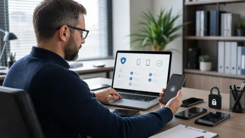 administrateur configurant la sécurité mobile et la gestion MDM de smartphones professionnels