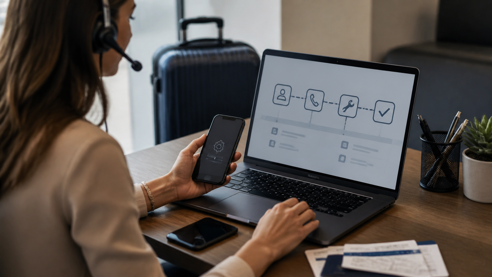 support préparant un téléphone professionnel pour déplacement et incident mobile