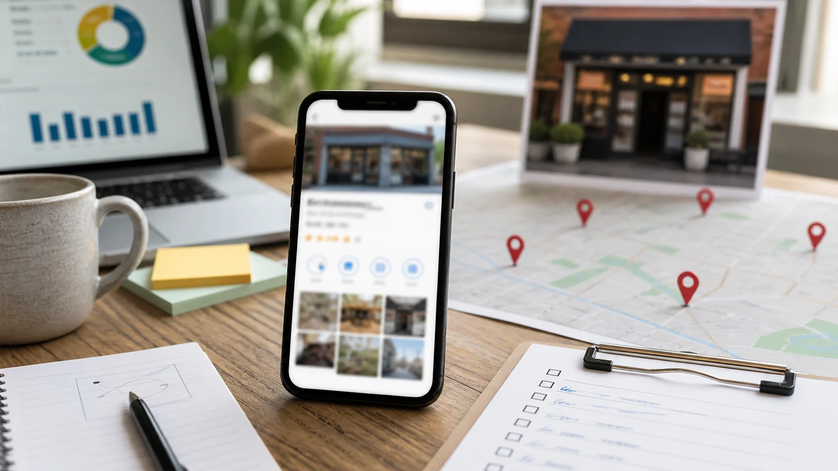 smartphone avec fiche locale floutée carte et checklist horaires sans texte lisible