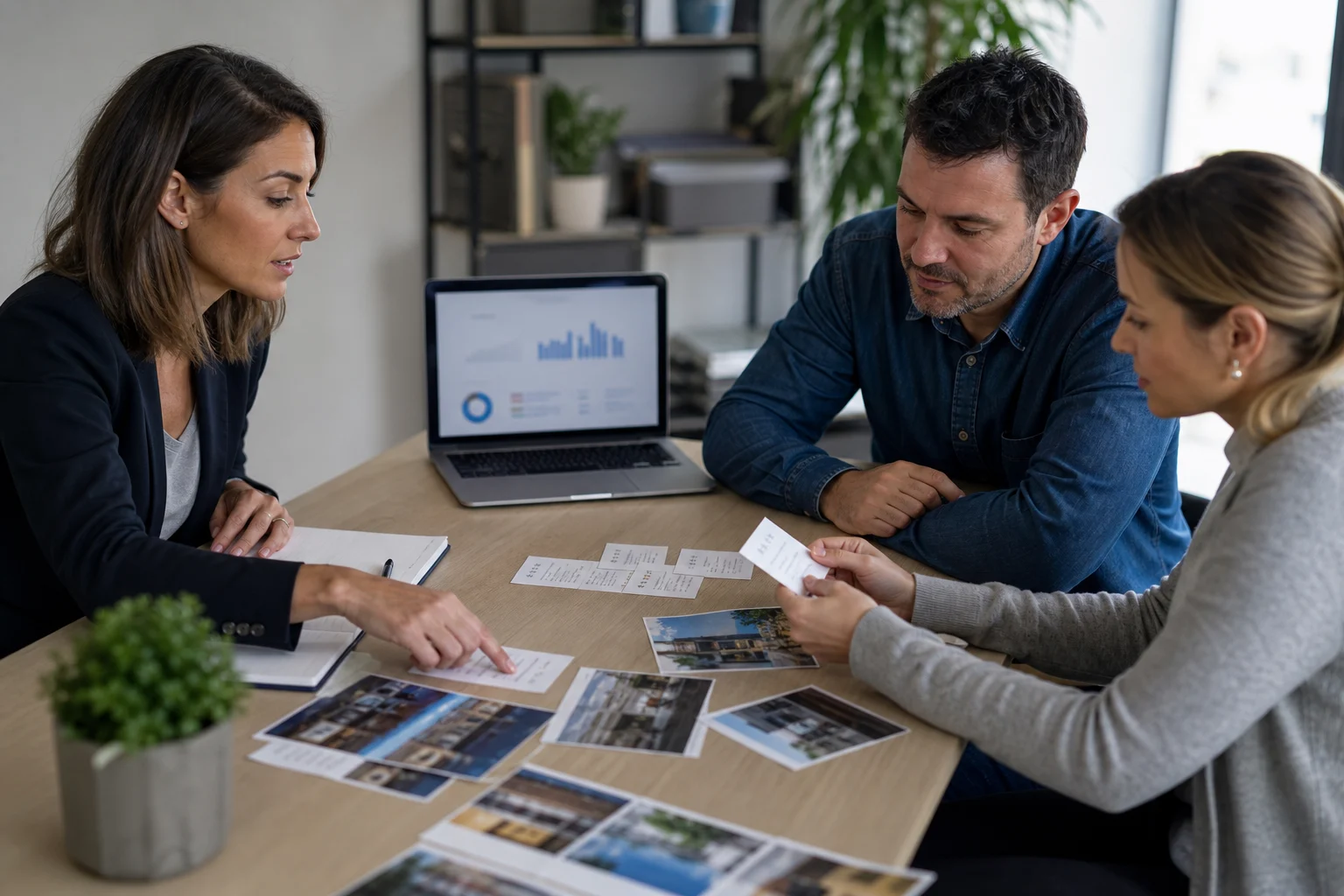 équipe PME examinant avis clients photos locales et statistiques floutées