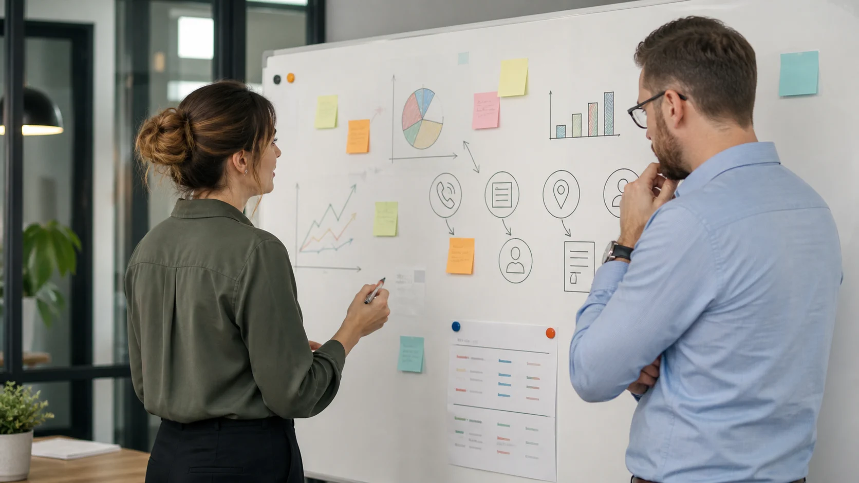 équipe PME devant tableau de suivi local avec appels formulaires et demandes