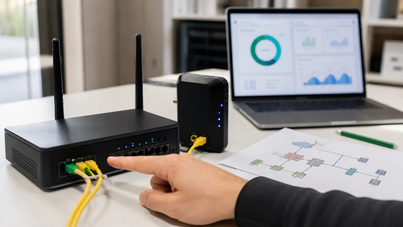 Routeur fibre et modem 5G de secours pendant un test de continuite