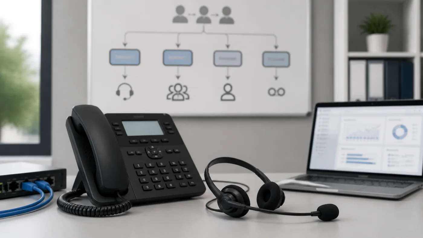 Telephone VoIP et casque avec schema de repartition des appels en PME