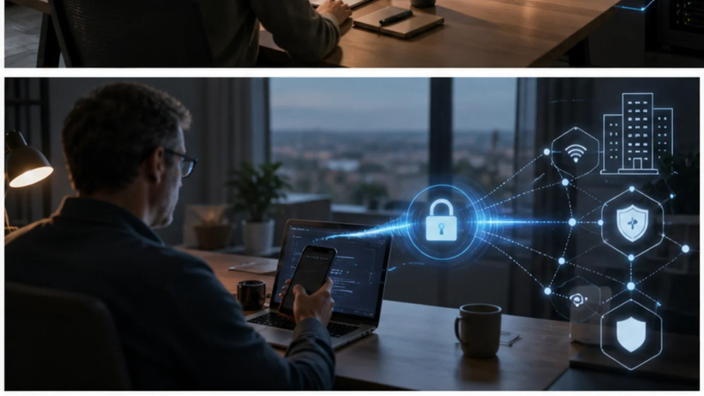 Travailleur distant connecté à un réseau PME par tunnel VPN sécurisé