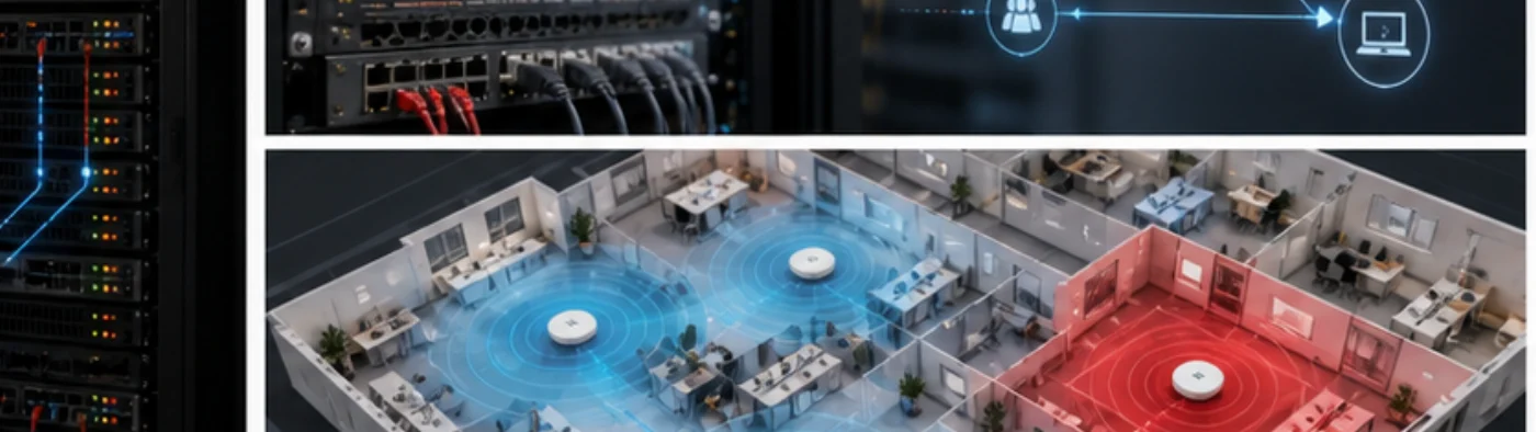 Plan de bureaux avec zones de couverture Wi-Fi séparées