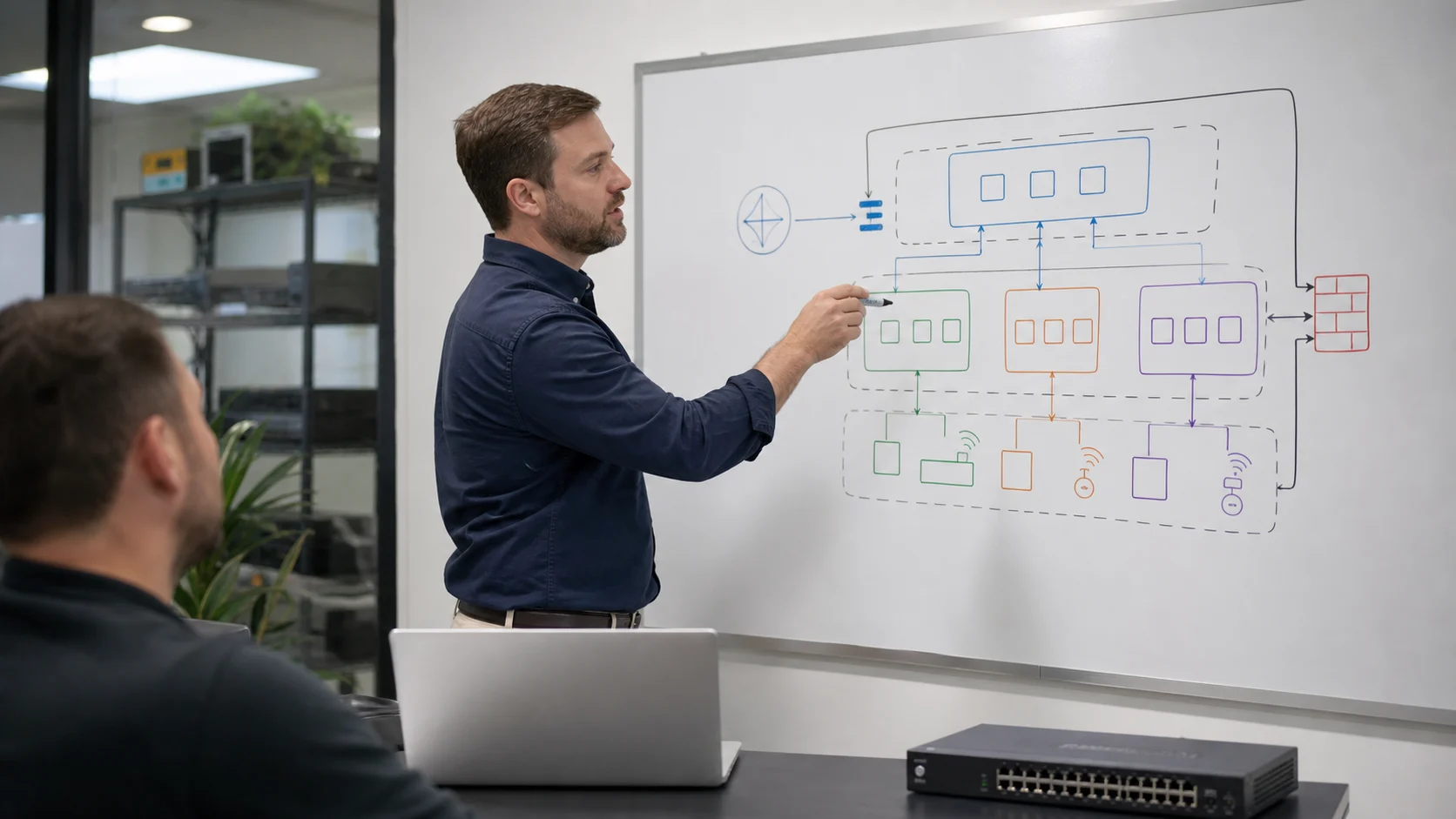 Consultant réseau dessinant un plan de sous-réseaux et VLAN PME