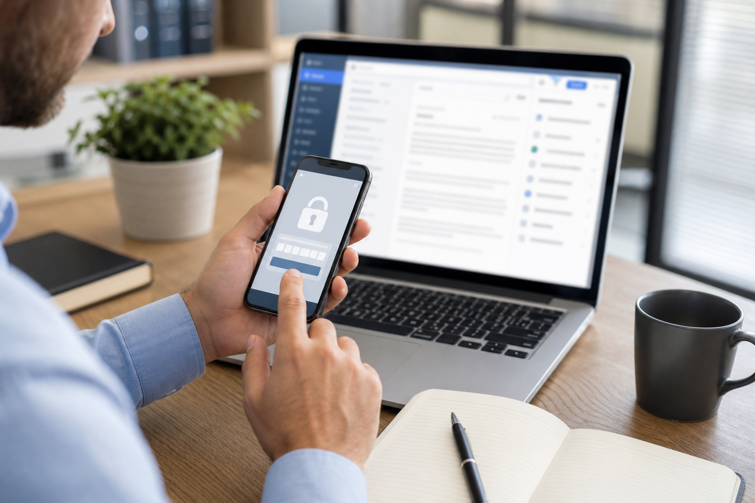 Écran de messagerie professionnelle et smartphone sécurisé dans un bureau