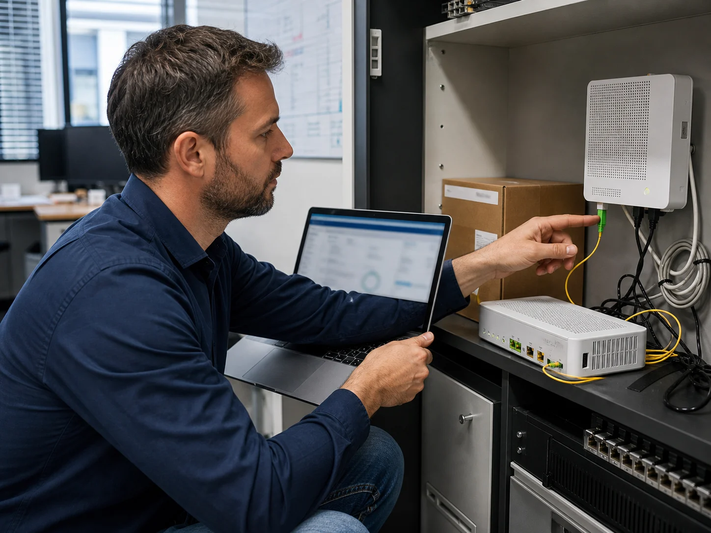 Responsable IT vérifiant une box fibre sans toucher au connecteur optique
