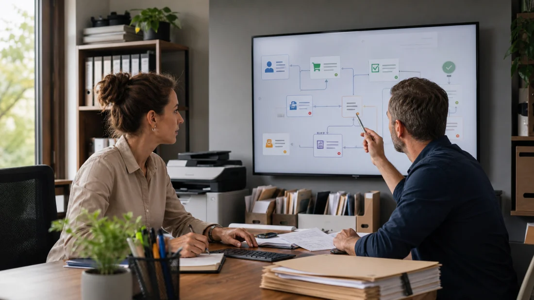 Équipe PME reliant commandes clients et facturation sur un écran partagé