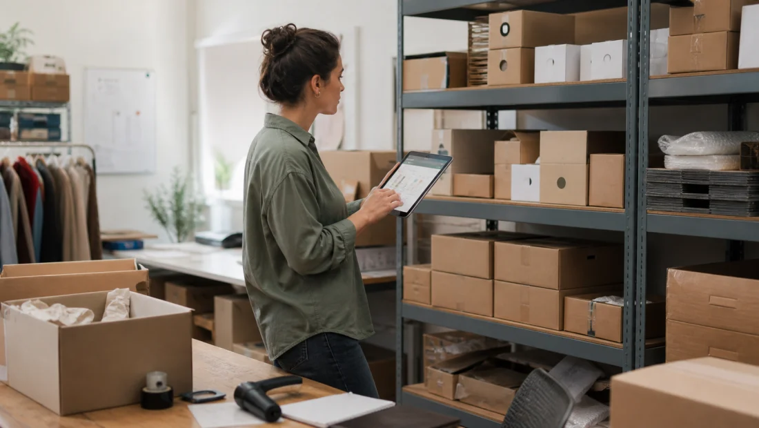 Gestion de stock dans une petite entreprise avec tablette et rayonnages