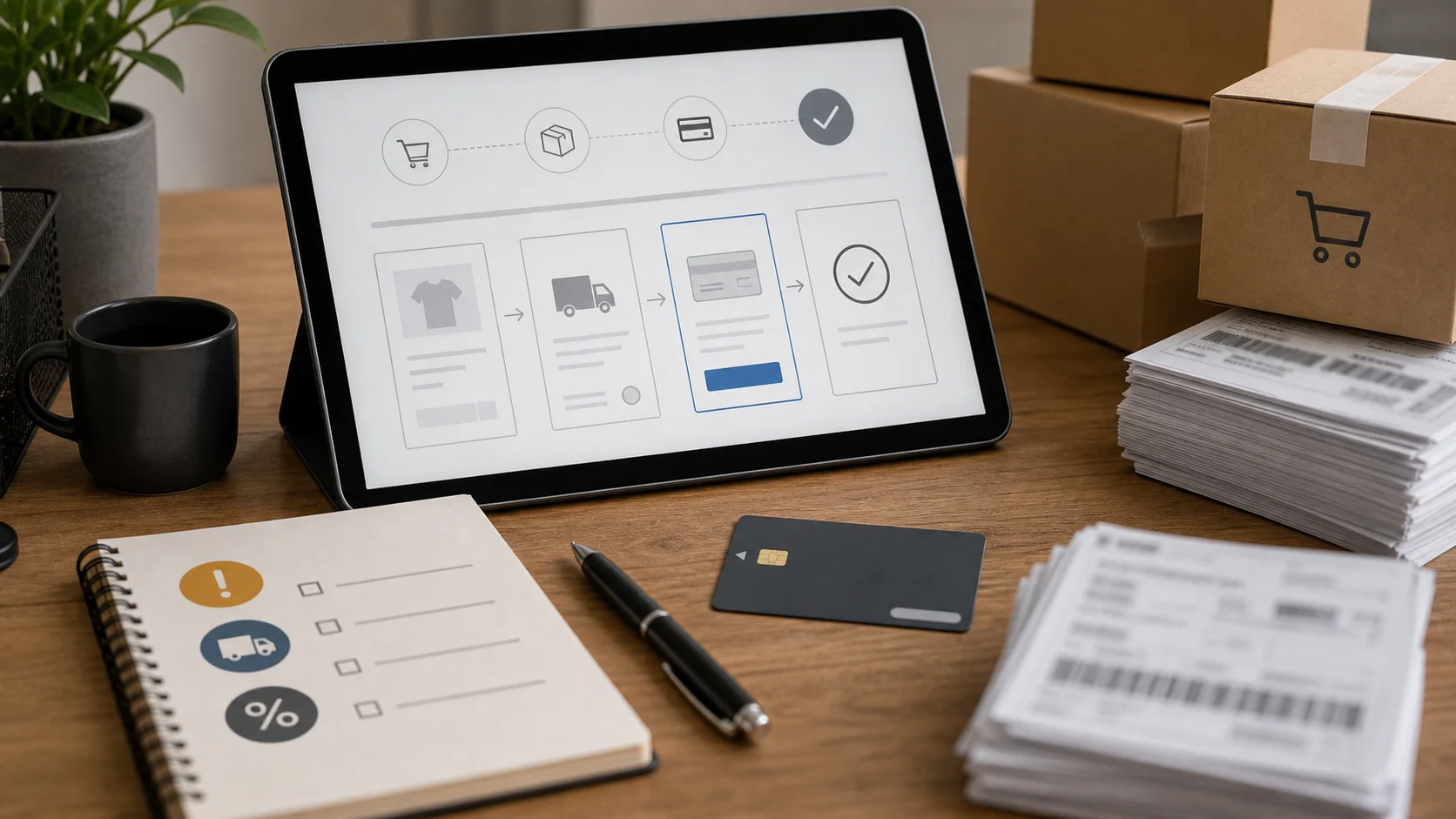 Wireframe de checkout e-commerce avec colis et checklist