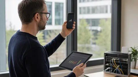 Responsable IT vérifiant le signal mobile près d’une fenêtre de bureau