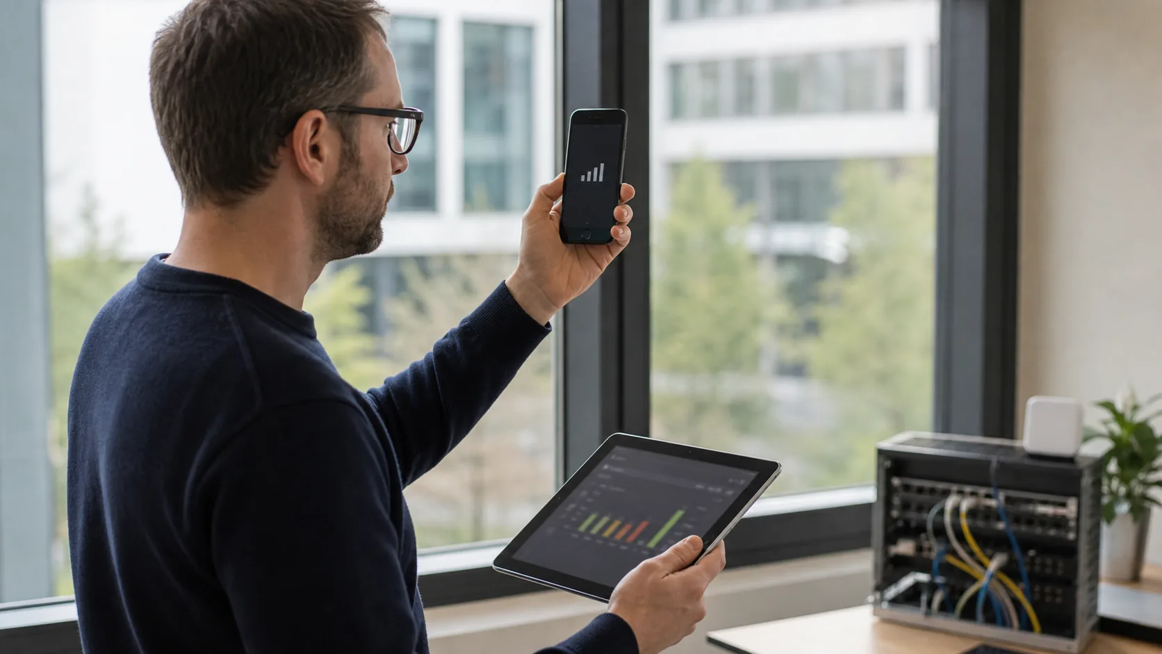 Responsable IT vérifiant le signal mobile près d’une fenêtre de bureau