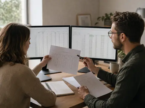 Équipe de petite entreprise comparant des feuilles de calcul avant migration