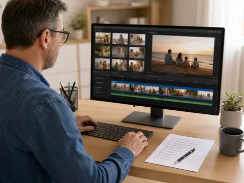 Personne préparant un montage vidéo simple avec une checklist de sécurité
