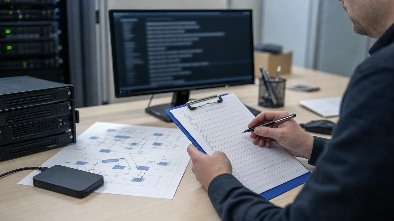 Administrateur vérifiant un inventaire serveur avant migration Windows Server