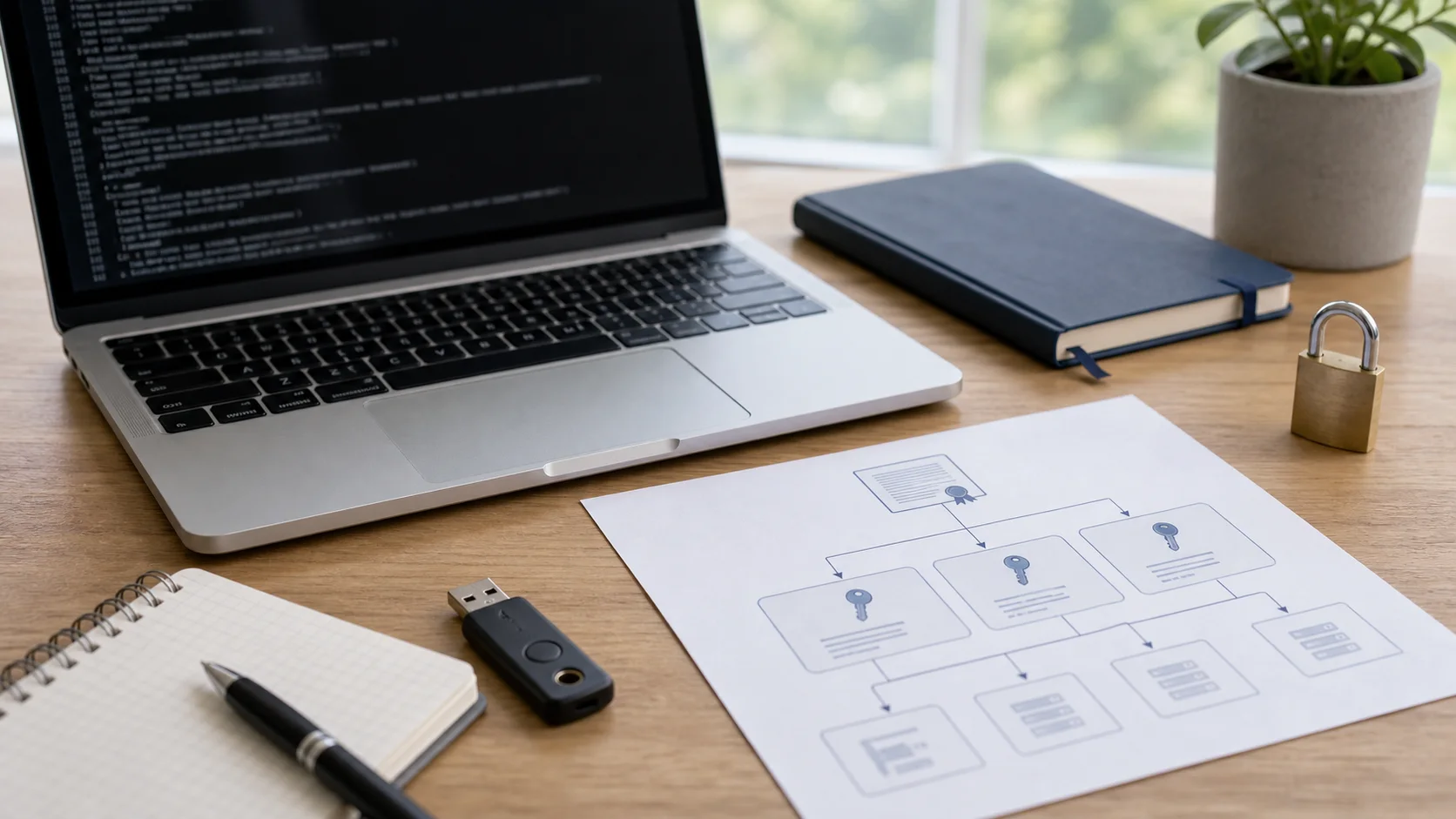 Espace de travail IT avec terminal flouté, schéma de certificat et clé matérielle