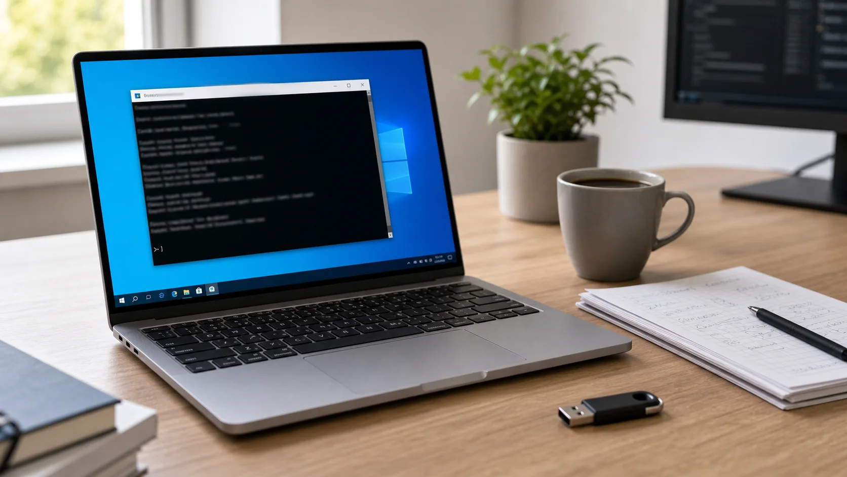Ordinateur Windows avec terminal flouté et notes de sécurité