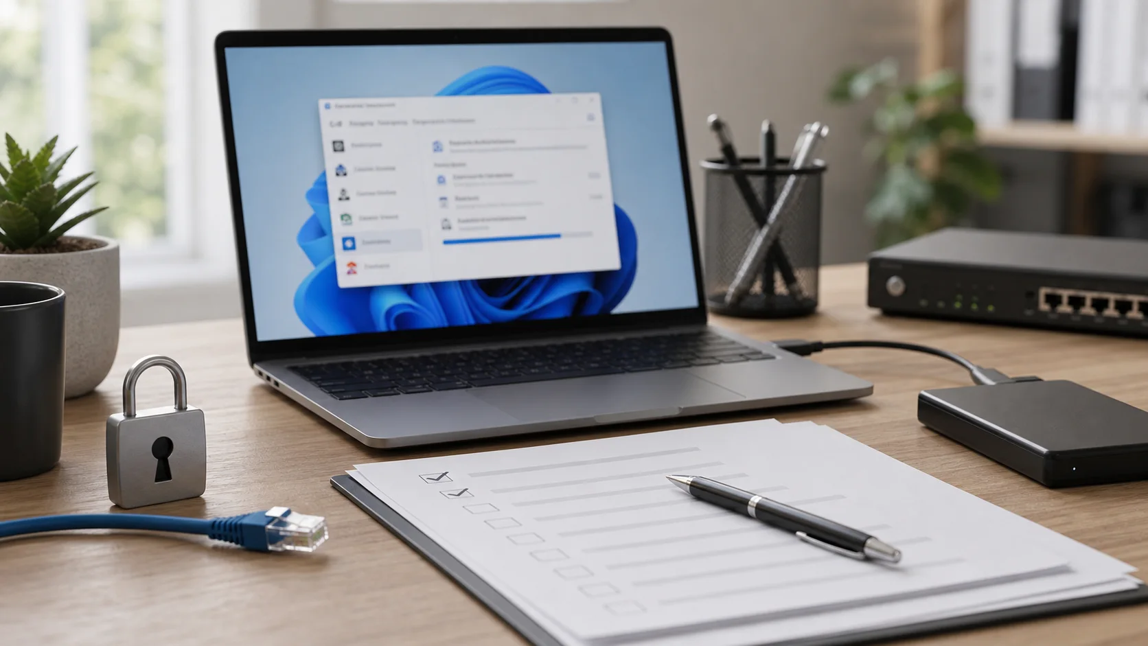Poste de travail IT avec fenêtre d’installation floutée et checklist
