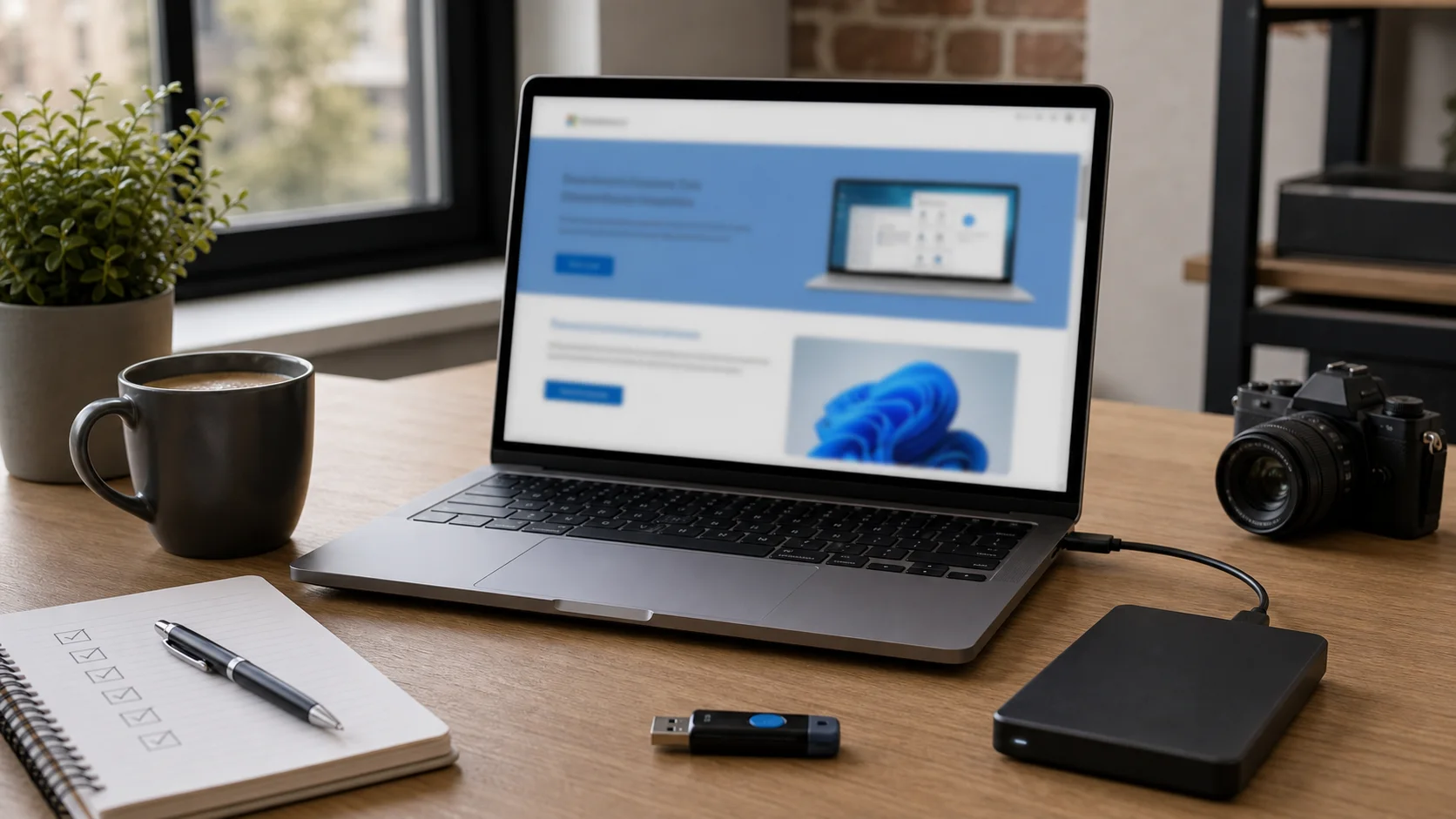 Ordinateur avec page de téléchargement Windows floutée, clé USB et disque de sauvegarde