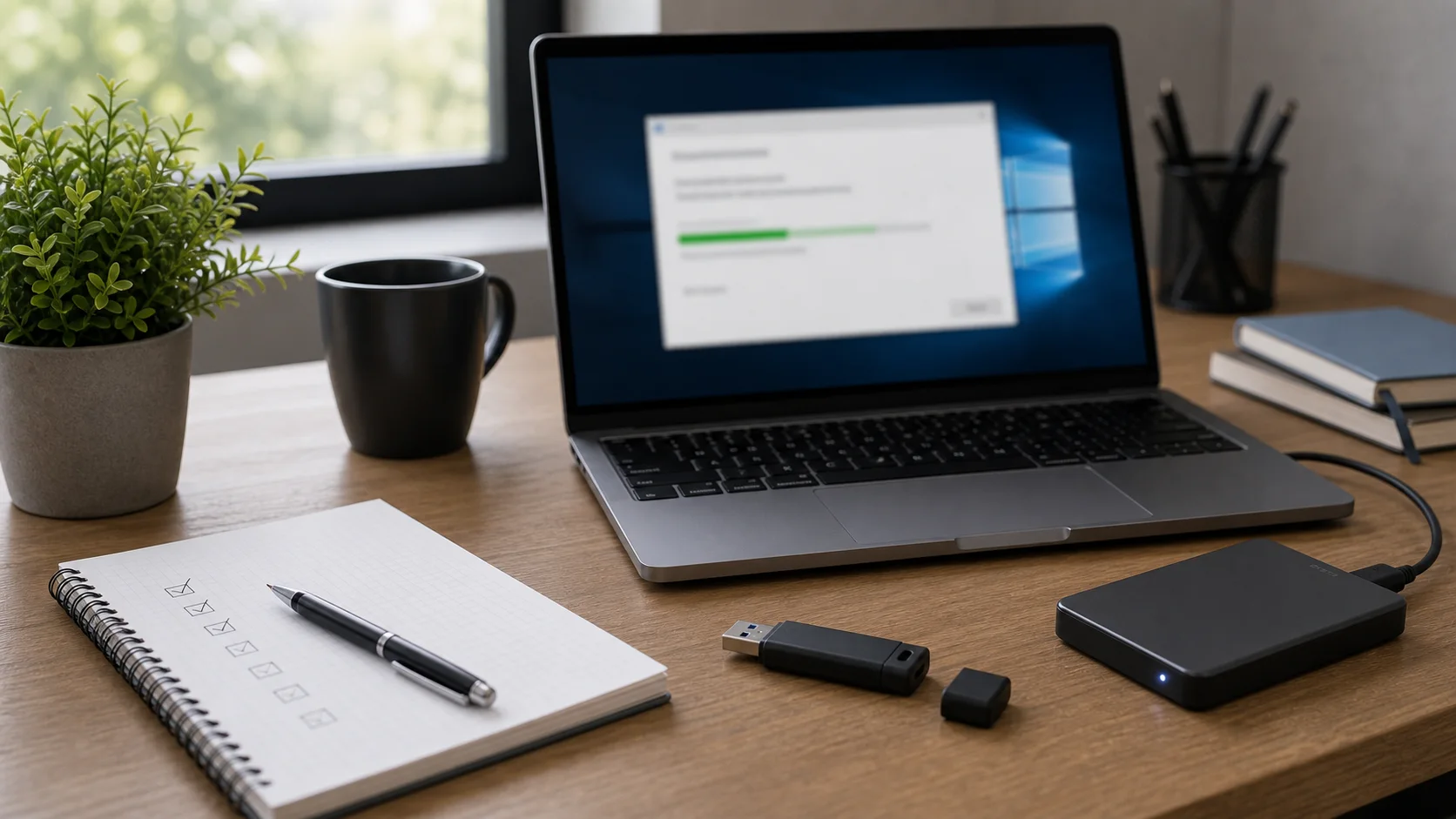 Ordinateur avec clé USB, disque externe et fenêtre de progression floutée