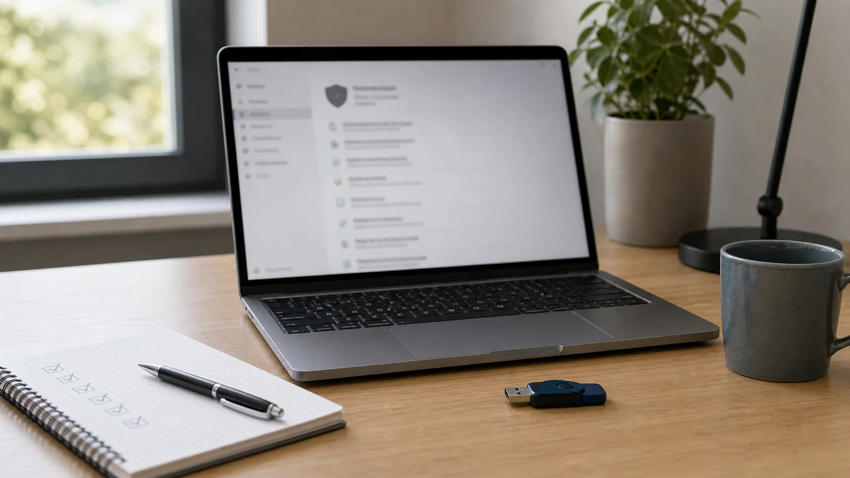 Ordinateur avec écran de sécurité flouté, clé USB et checklist