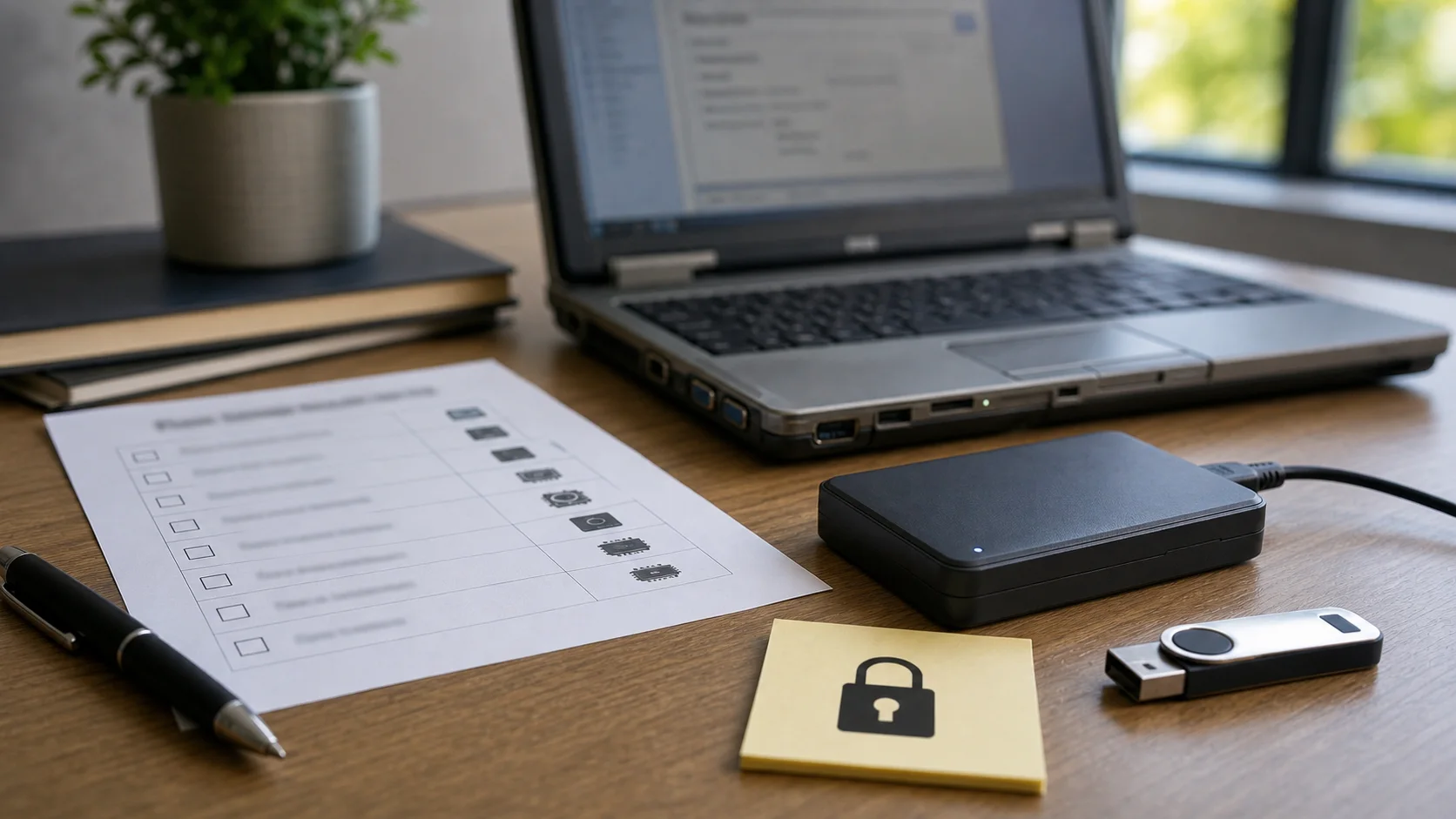 Disque de sauvegarde, checklist de sécurité, clé USB et ancien ordinateur portable flouté