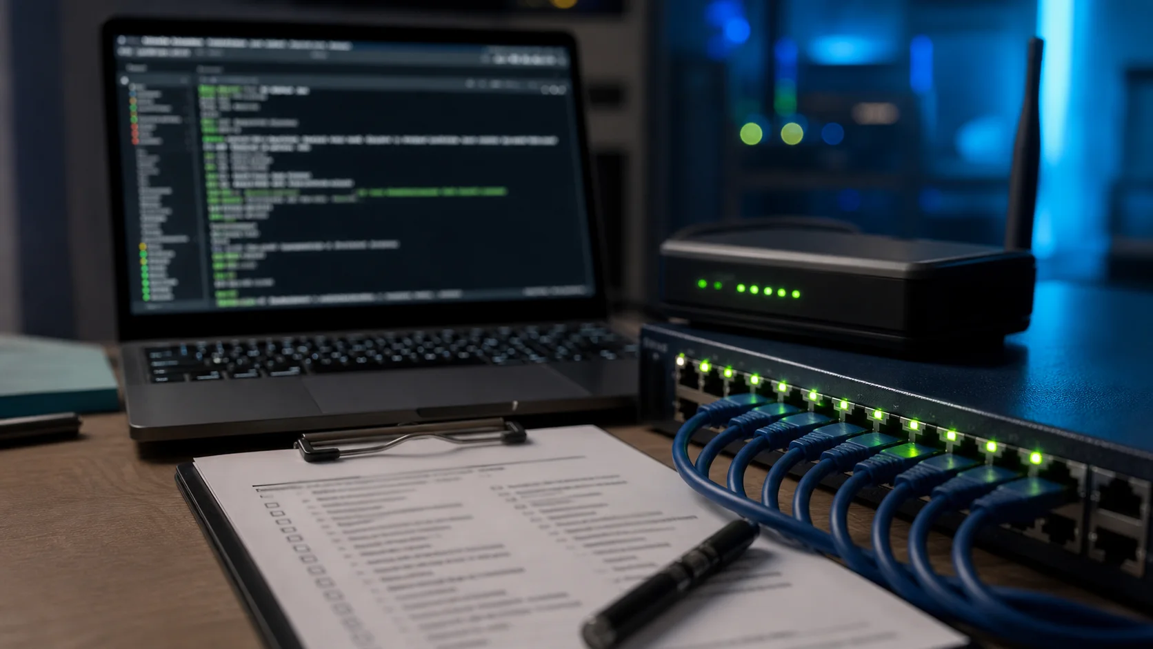 Ordinateur avec terminal flouté, routeur et switch pour diagnostic réseau
