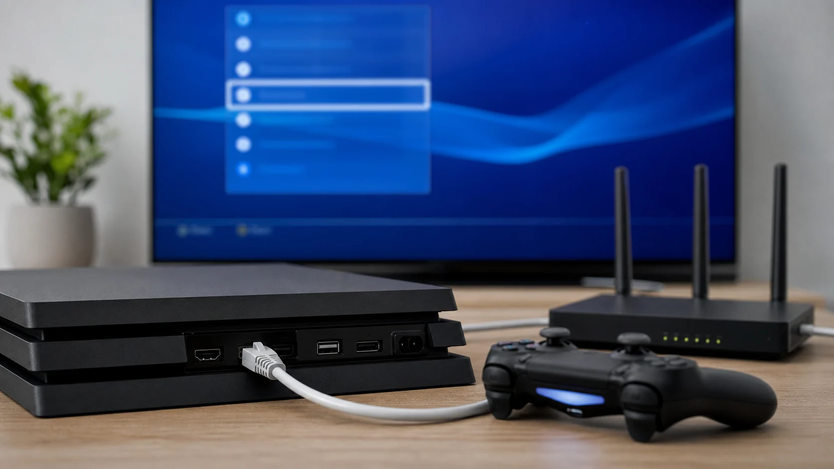 Console PS4 reliée en Ethernet à un routeur pour tester le serveur