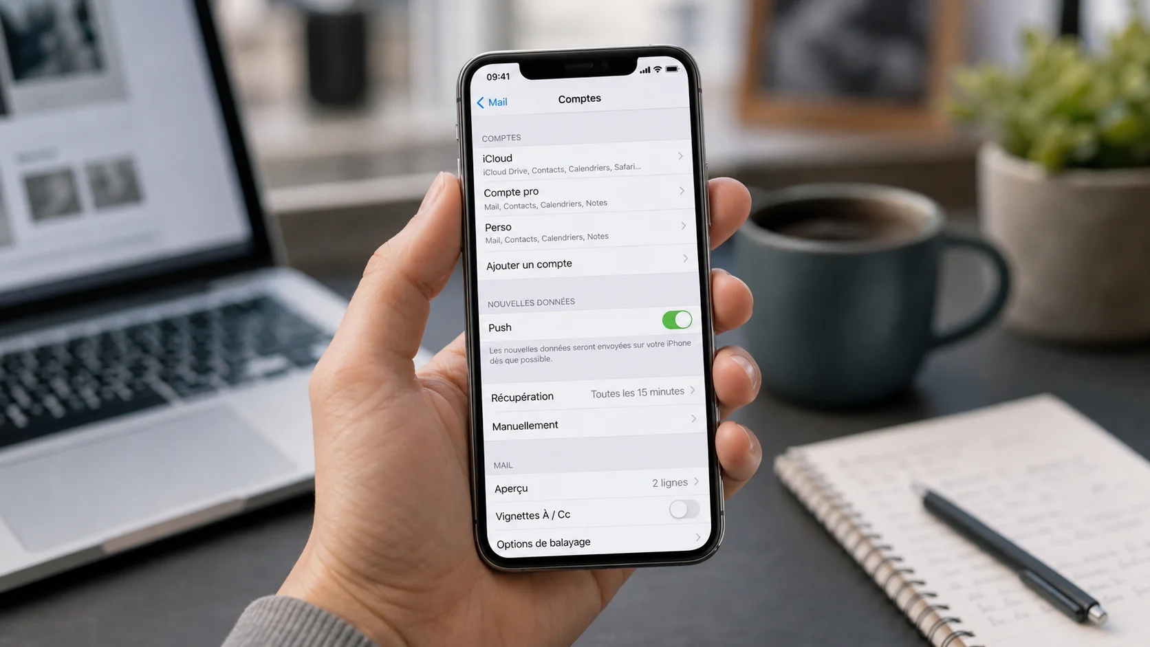 Réglages Mail sur iPhone pour vérifier les comptes et la récupération