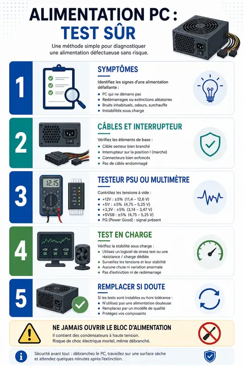 Infographie alimentation PC test sûr avec cinq étapes