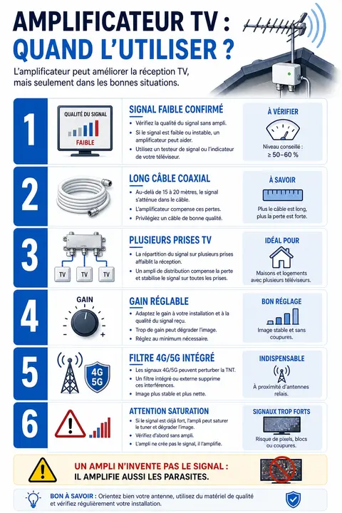 Infographie amplificateur TV avec six cas de vérification