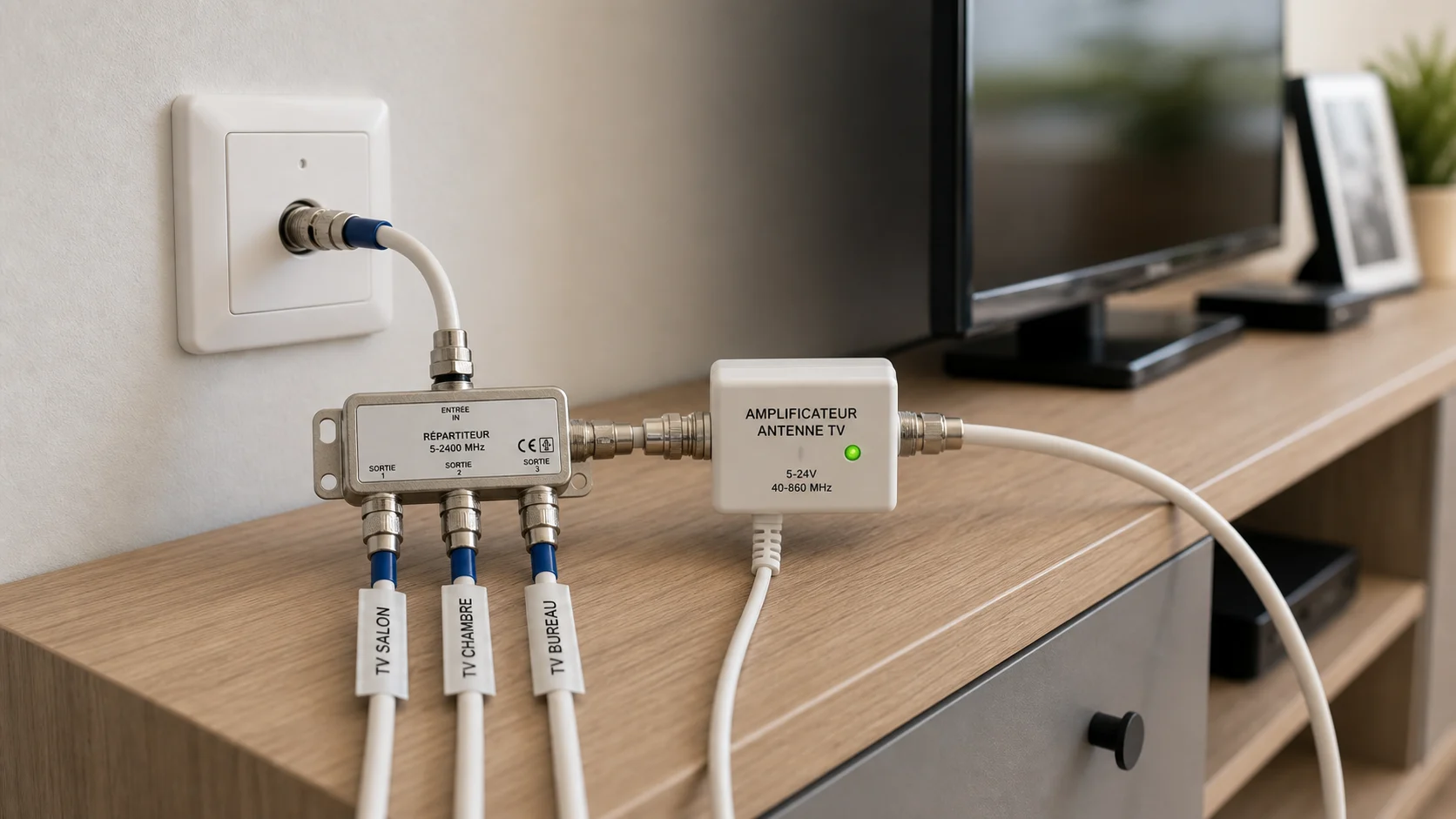 Répartiteur coaxial avec trois câbles TV et amplificateur de distribution