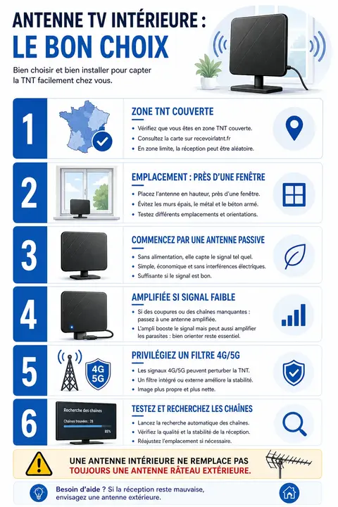 Infographie antenne TV intérieure avec six critères de choix