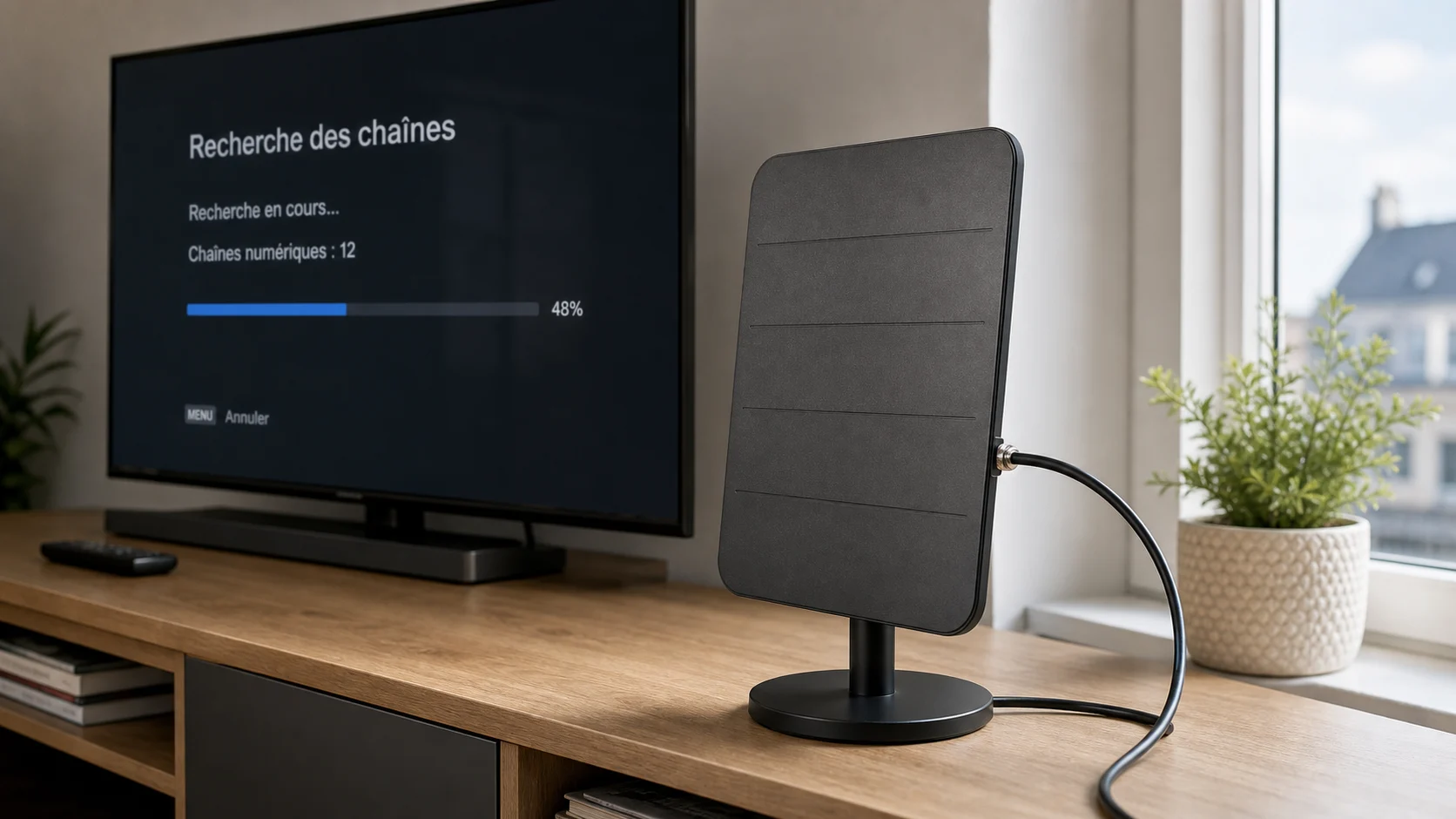 Antenne TV intérieure placée près d’une fenêtre avec recherche des chaînes