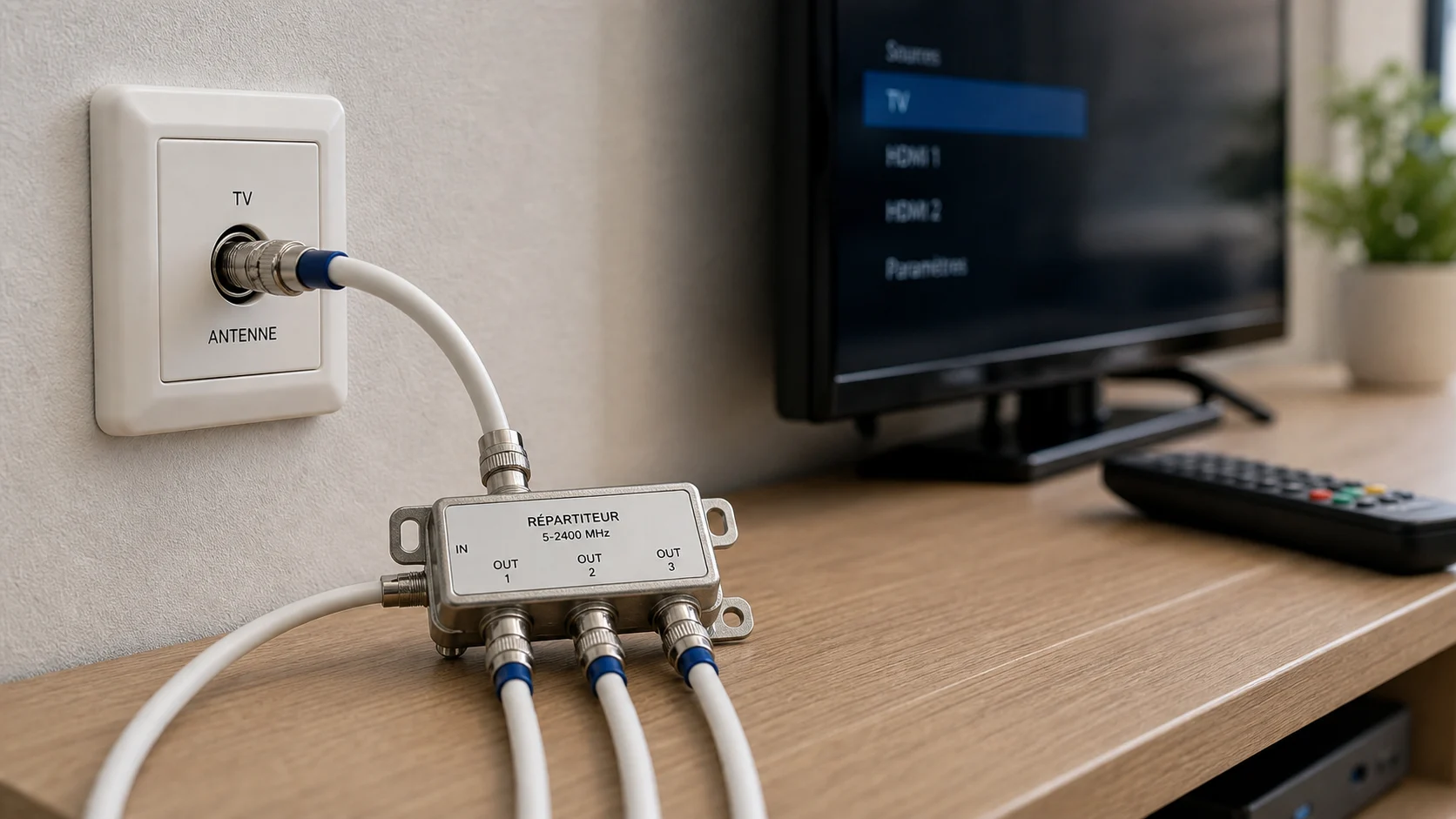 Câble coaxial branché sur une prise antenne TV avec répartiteur