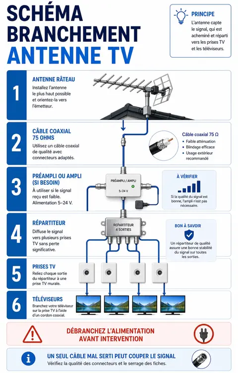 Schéma de branchement antenne TV avec antenne câble ampli répartiteur prises et téléviseurs