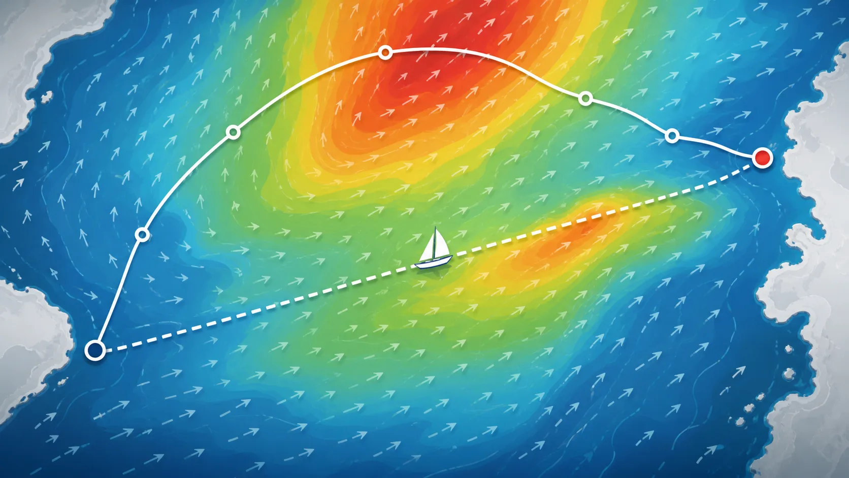 Carte météo générique montrant une route de voile recommandée et une route directe