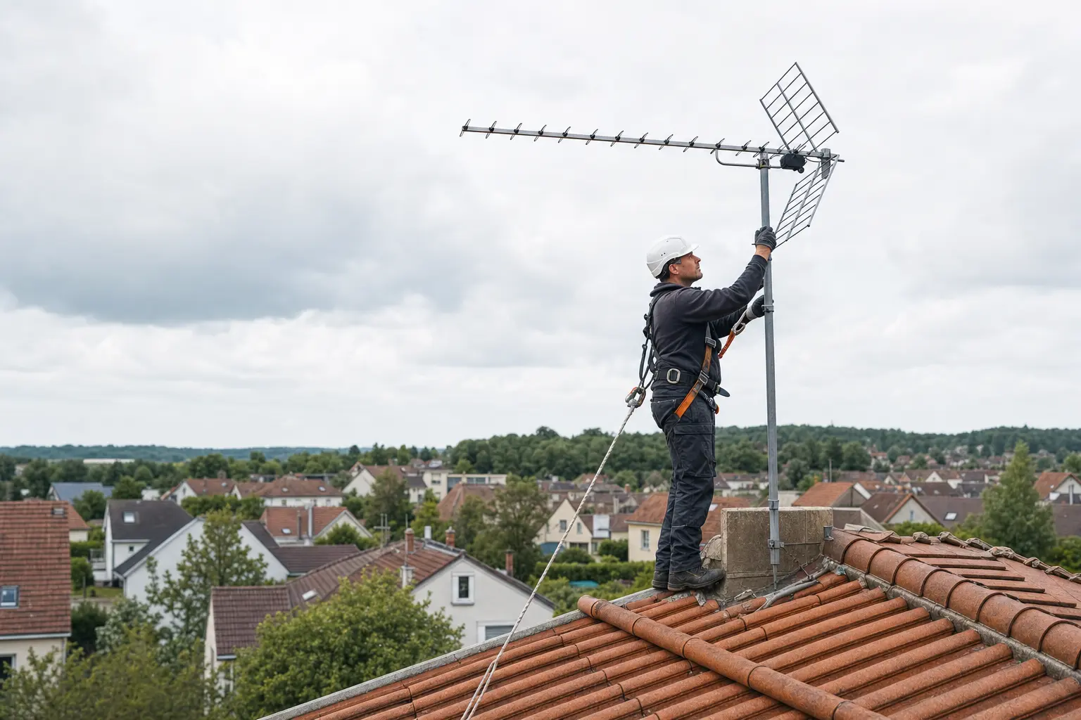 Technicien contrôlant une antenne UHF de télévision sur un toit