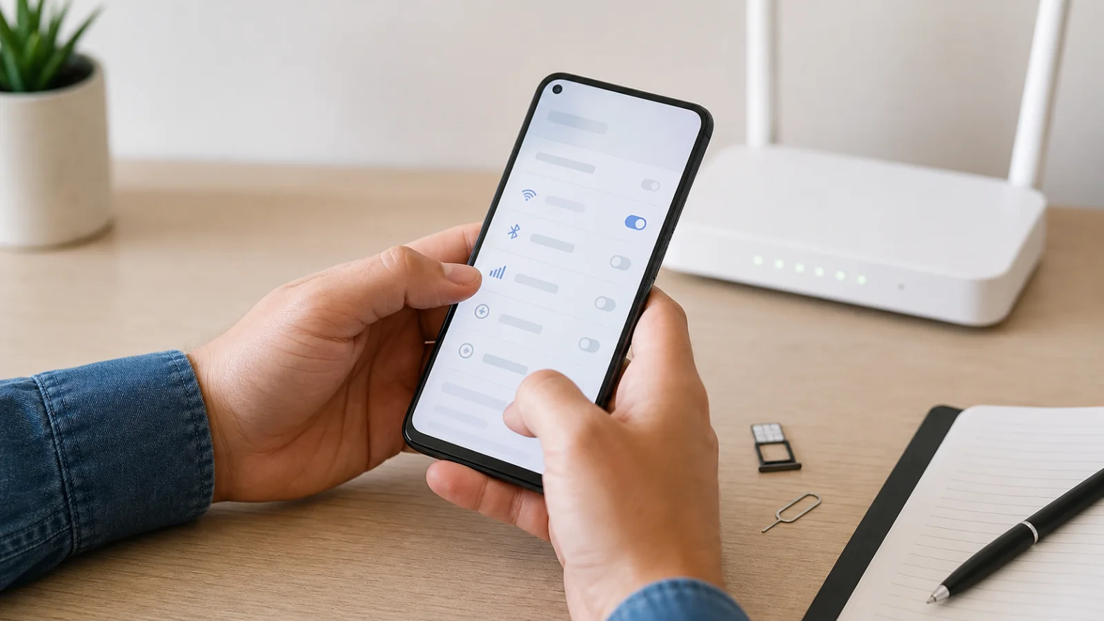 Téléphone ouvert sur des réglages réseau génériques près d’un routeur