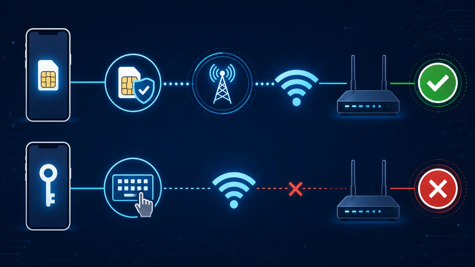 Schéma abstrait distinguant authentification SIM et mot de passe Wi-Fi