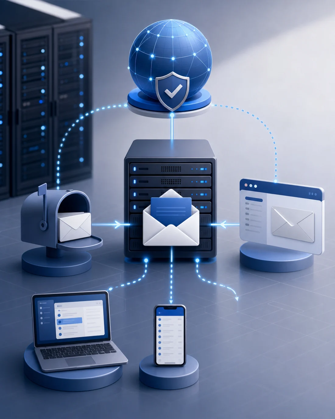 Schéma éditorial montrant une boîte mail reliée à un serveur Exchange et à plusieurs appareils