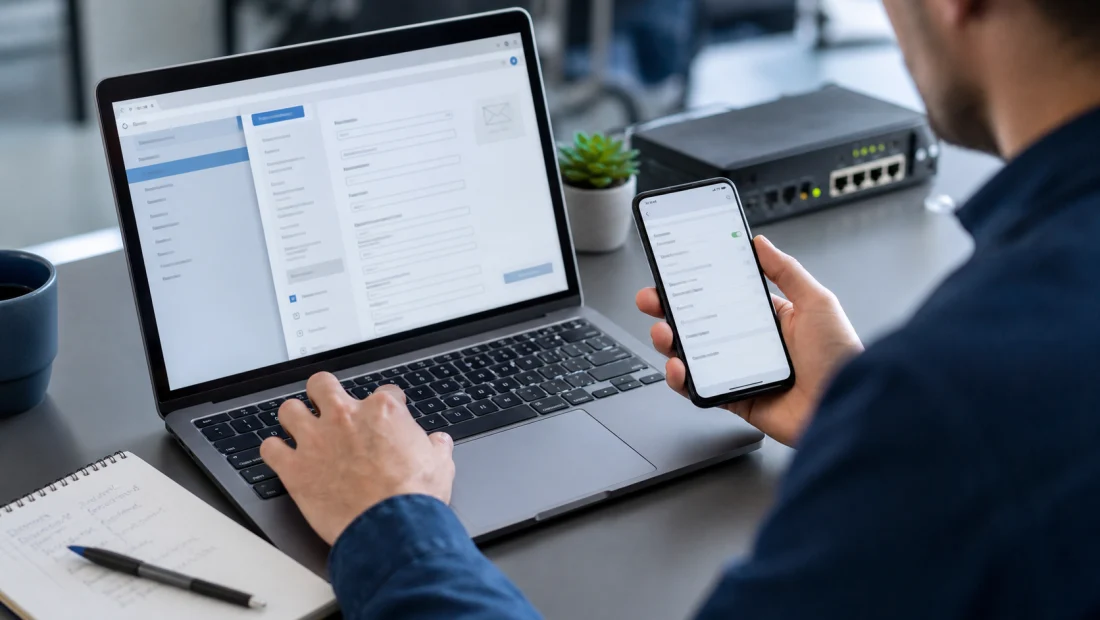 Technicien comparant les réglages de messagerie sur un ordinateur portable et un smartphone